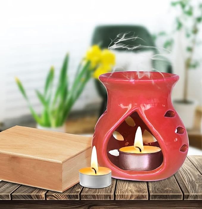 Ceramic Essential Oil Burner Wax Melt Burners |Aromatherapy| Ceramic Oil Diffuser| Candle Tealight Holder (Set of 1) Home Bedroom Decor Christmas Housewarming Gift, Red