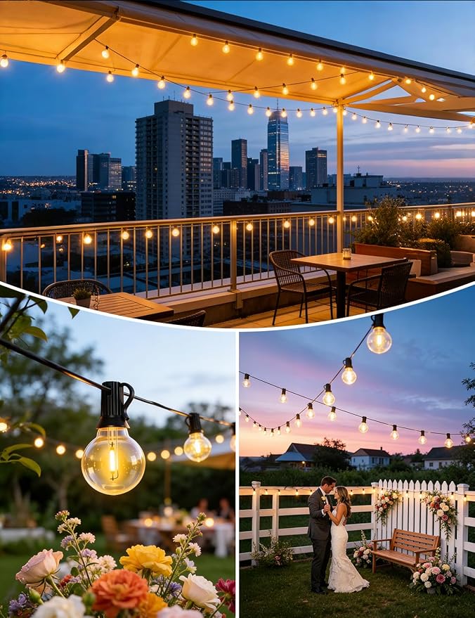 Brightever 38FT Solar String Lights Outdoor with Remote and 15+1 LED Shatterproof G40 Bulbs, Dimmable & Timable, 3 Lighting Modes, Waterproof Solar Power Patio Lights for Outside, Party, Cafe, Bistro