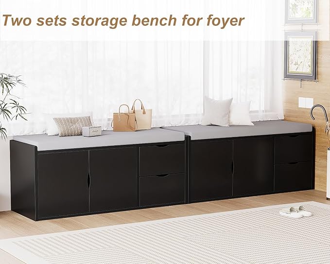 LVB 2-Tier Storage Bench with Padded Seat Cushion, Entryway Bench with 2 Drawers, Removable Barn Doors & Adjustable Shelf, Industrial Shoe Bench for Hallway, Bedroom, Living Room,Black Oak, 40 Inch