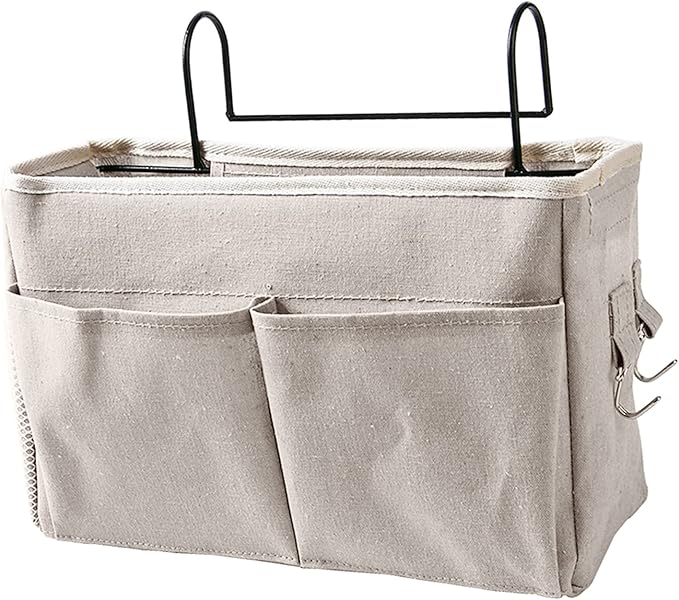 Nightstand Hanging Bag Cotton Linen Bedside Storage for Dorm Rooms (White)
