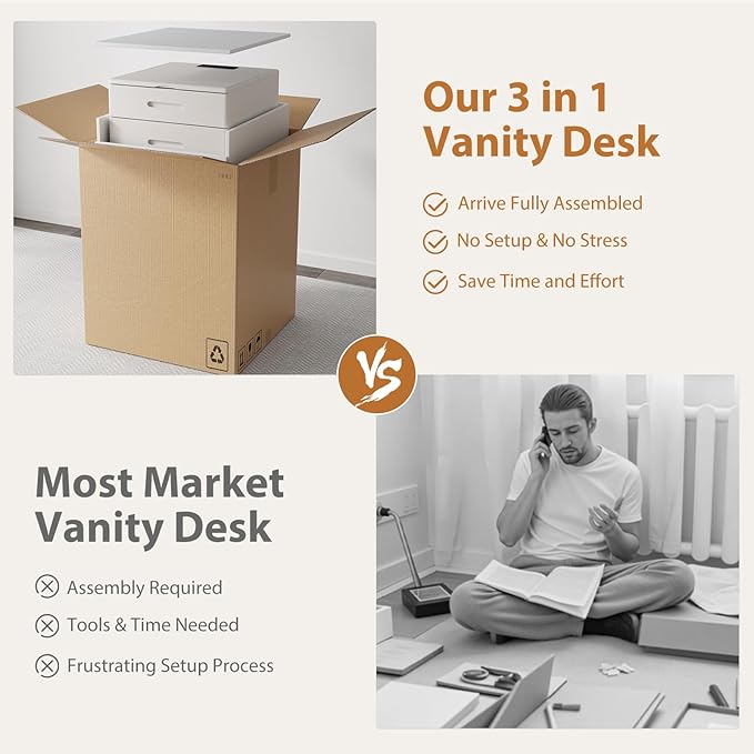 Solid Wood 3 in 1 Vanity Desk with Flip Top Mirror, No Assembly, Compact Vanity with Hidden Chair, Small Makeup Vanity Set with Power Outlet, Dressing Table for Bedroom, White