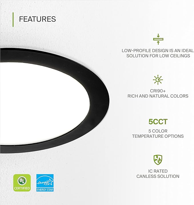 ASD 1 Pack 8 Inch LED Recessed Light 20W, 5 CCT 2700K-5000K CRI90+, IC Rated Ultra Thin Dimmable Ceiling Lights with J Box, Canless Wafer Downlight, Round Slim Panel Lighting, UL Listed, Black