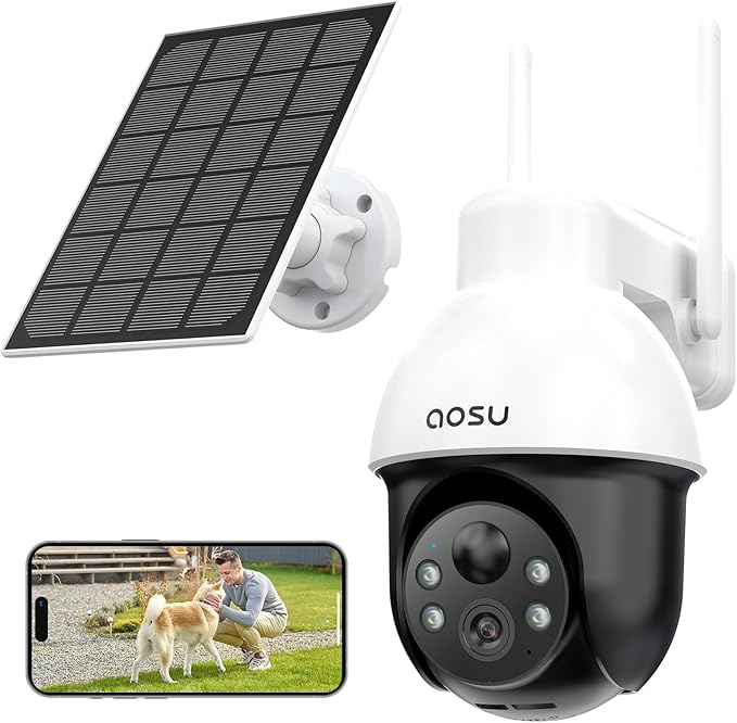 aosu Solar Security Camera Wireless Outdoor System, 3K/5MP Battery Powered WiFi Camera for Home Security, Panoramic PTZ, Auto Tracking, Human/Vehicle Detection, Night Vision, Spotlights, 2-Way Talk