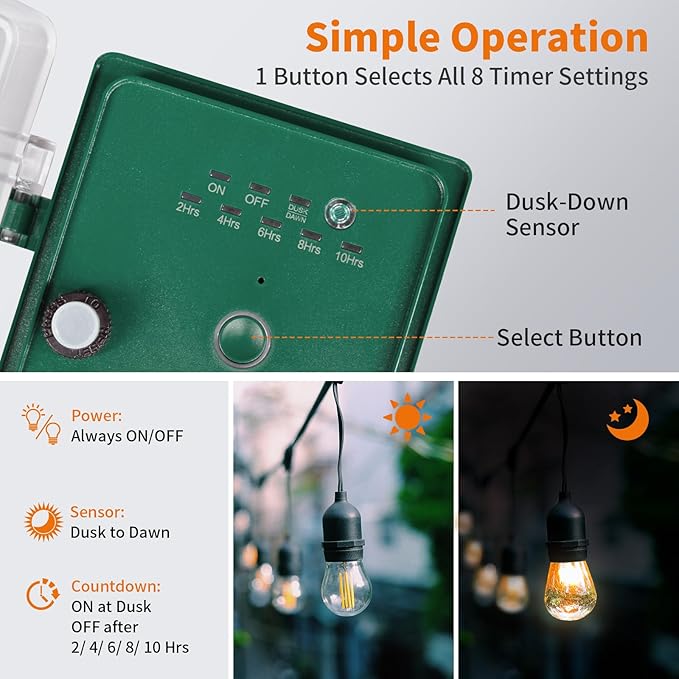 SURAIELEC Outdoor Power Stake, Dusk to Dawn Light Timer, 6 Electrical Outlet Power Strip Waterproof, 6 ft Extension Cord for Patio Lights, Sprinkler, Garden, Christmas Decorations, Outdoor Light