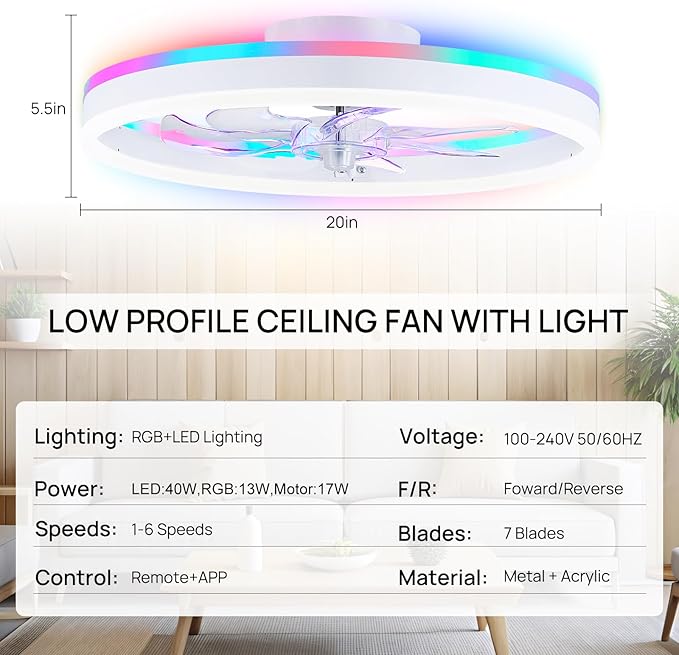 RGB Ceiling Fans with Lights, 20" Fandelier Low Profile Ceiling Fan with Light, Modern Flush Mount Ceiling Fan Light with Remote/APP Control, Bedroom Chandelier Fan Fixture for Indoor(White)