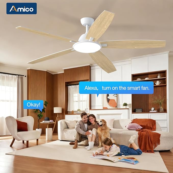 Amico Ceiling Fans with Lights, 60 inch Smart Ceiling Fan with Remote/APP/Alexa Control, Reversible, 5 Blades, 6 Speeds, 3CCT, Dimmable, Noiseless, Wifi Ceiling Fan for Farmhouse, Bedroom, White