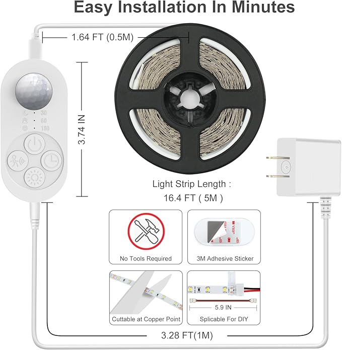 Under Cabinet Lights Plug-in Motion Sensor LED Strip Lights Indoor Cold White 6000K Super Bright 2000lm with 12V Adapter, Dimmer and Timer for Kitchen Cabinet, Shelf, Wardrobe, Stairway…