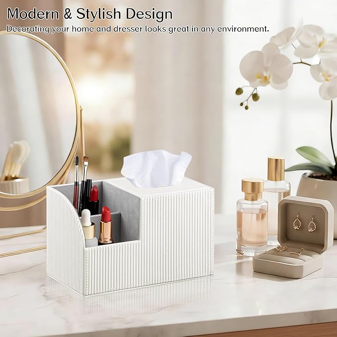 Fanousy Square Tissue Box Cover with Storage, PU Leather Cube Tissue Box Holder, Remote Control Nightstand Organizer, Modern Desk Caddy for End Table, Bathroom, Bedroom, Home, Office Decor