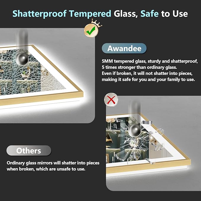 55x40 Gold LED Bathroom Mirror with Lights, Brushed Gold Framed Backlit and Front Lit Anti-Fog Lighted Vanity Mirrors for Bathroom Wall, Dimmable, 3 Colors, Memory, HD Tempered Glass, CRI＞90
