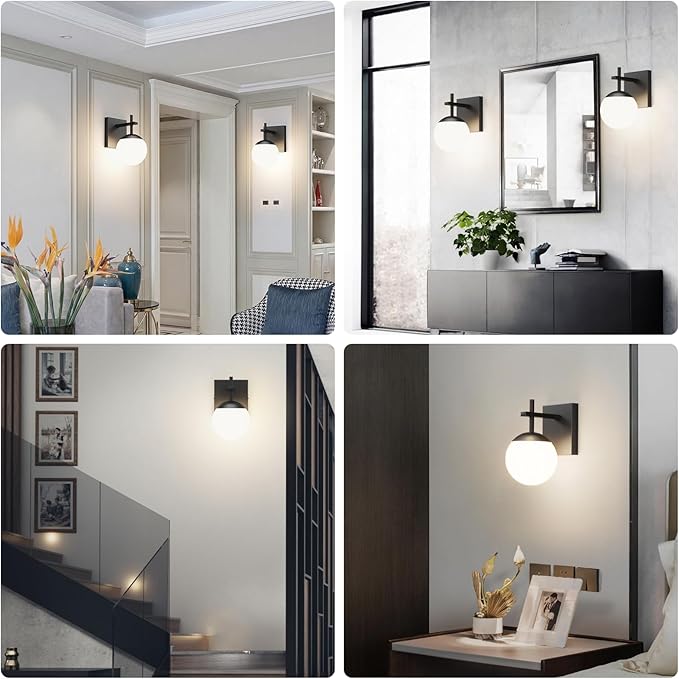 Ralbay Black Indoor Wall Sconces Set of 2,Mid Century Modern Bathroom Wall Lighting Fixtures Milky Glass Wall Lamp for Bedroom Living Room Vanity Hallway, Matte Black (Exclude Bulb)