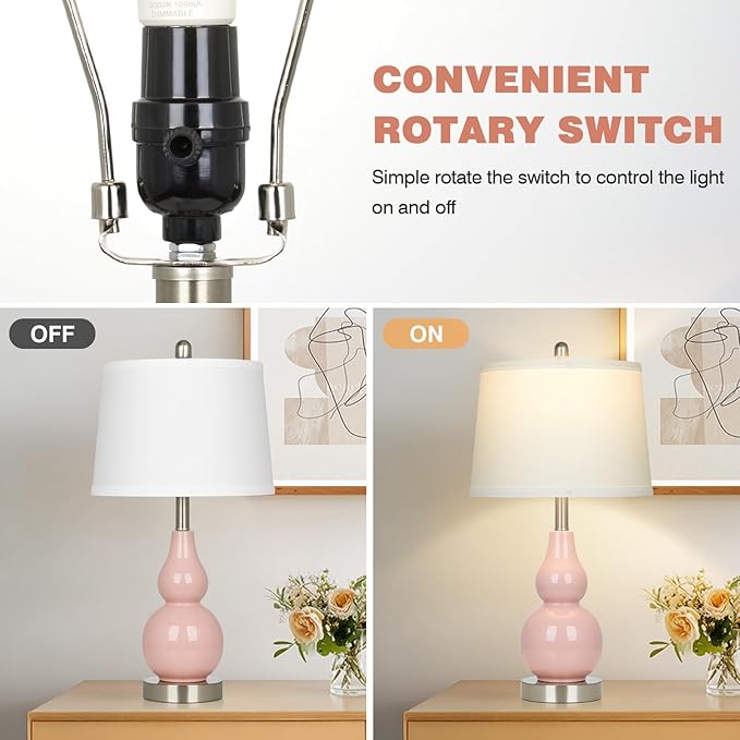 Pink Ceramic Lamps Set of 2, 25" Modern Double Gourd Ceramic Table Lamps for Living Room, Cute Bedside Nightstand Lamps with Fabric Shade for Bedroom End Table Home Office Girls Room(2 Bulbs Included)