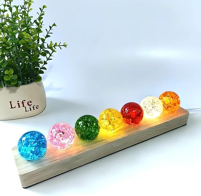 40mm 7 Colors Ice Cracked Glass Crystal Chakra Sleep Lamp Decorative USB Lights with LED Wooden Base, for Meditation Positive Energy Gift Decoration Balls Set