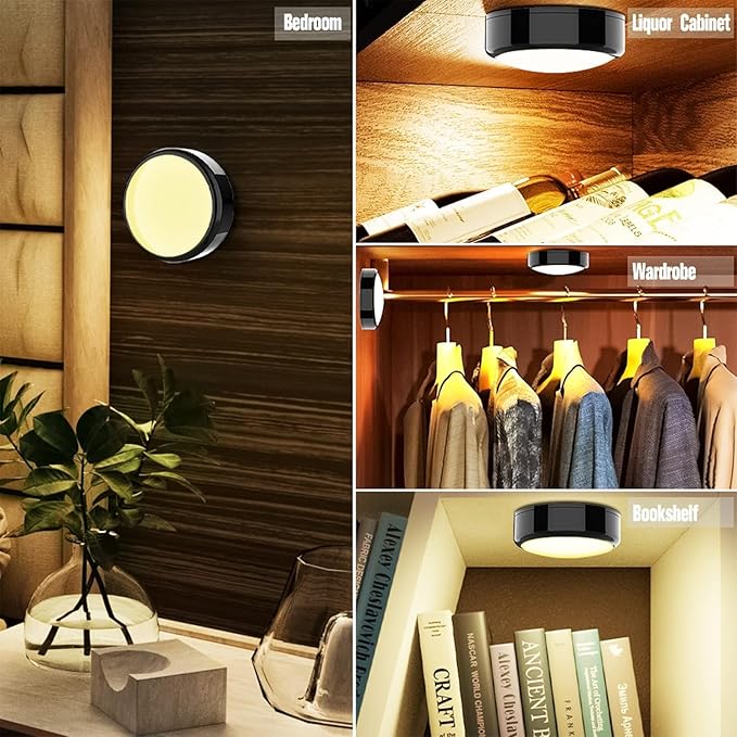 HELPLEX Puck Lights, 16 Colors Changeable Under Cabinet Lights Battery Powered Dimmable LED Puck lightings Under Counter Lights, with 2 Remote Controls, Timing Function, 18 AA Batteries