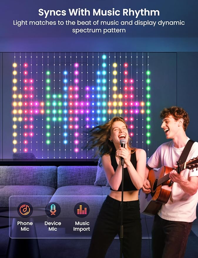 Smart LED Curtain Lights, 400 LEDs RGB+IC Color Changing Wall Lights, 6.6x6.6ft Indoor Dynamic DIY Pattern LED String Lights, APP Remote Control, For Bedroom, Living Room, Window Decor, Party, Wedding