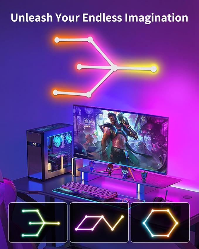 Smart LED Wall Lights, Music Sync Voice Control DIY RGB Light Bar with 16M+ Color & 44+ Scenes, Dimmable Home Decor Wi-Fi Wall Light for Gaming Room TV Bedroom (6 Lines)