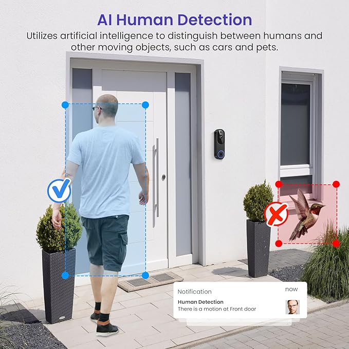 1080p Smart Wi-Fi Doorbell Camera with Doorbell Receiver, AI Motion Detection, Night Vision, Cloud Storage, 2 Way Audio, Battery Powered, 2.4GHz Wi-Fi Only