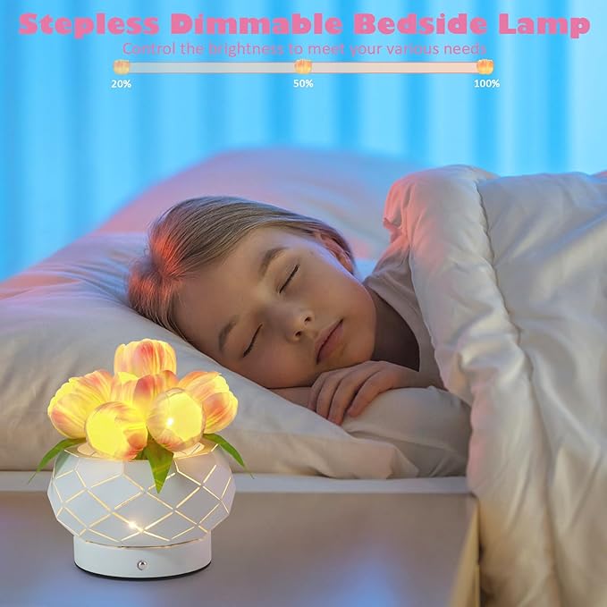 Tulip Flower Lamps, 3 Colors Dimmable Touch Lamp with Vase, USB Rechargeable LED Flower Lamp, Artificial Flower Bedside Lamp, Romantic Night Light with Tulip, Gifts for Mother Wife Girls (Pink Tulip)