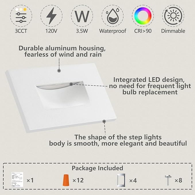 FTL Outdoor Step Lights LED Stair Lights Indoor 120V, Dimmable Deck Stair Light 3.5W 150LM 3CCT 3000K/4000K/5000K, White Light for Steps Horizantal Aluminum Waterproof, 4-Pack