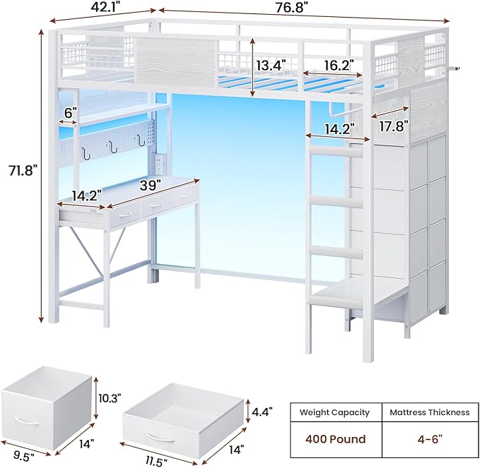 ADORNEVE Twin Size Loft Bed with Desk, 11 Storage Drawers & RGB LED Lights, Metal Loft Bed with Power Outlet, Shelves & Clothing Rack, 13.4" H Safety Guard & Paded Ladder, White