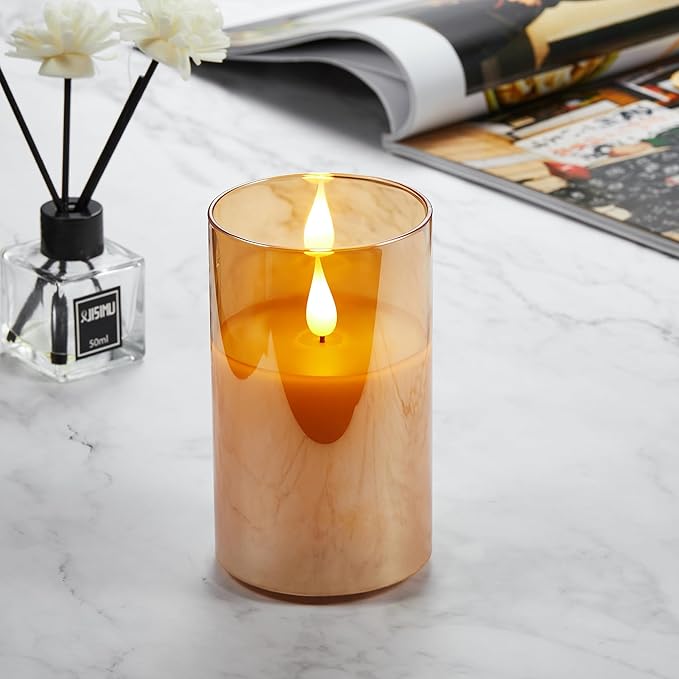 Battery Operated Flickering Flameless Candles with Remote and Timer, led Candle with 3D Wick Last 1000+ Hours Real Wax Electric Candles Pillar Candle, Gold Glass for Wedding, Festival 3" x 5"