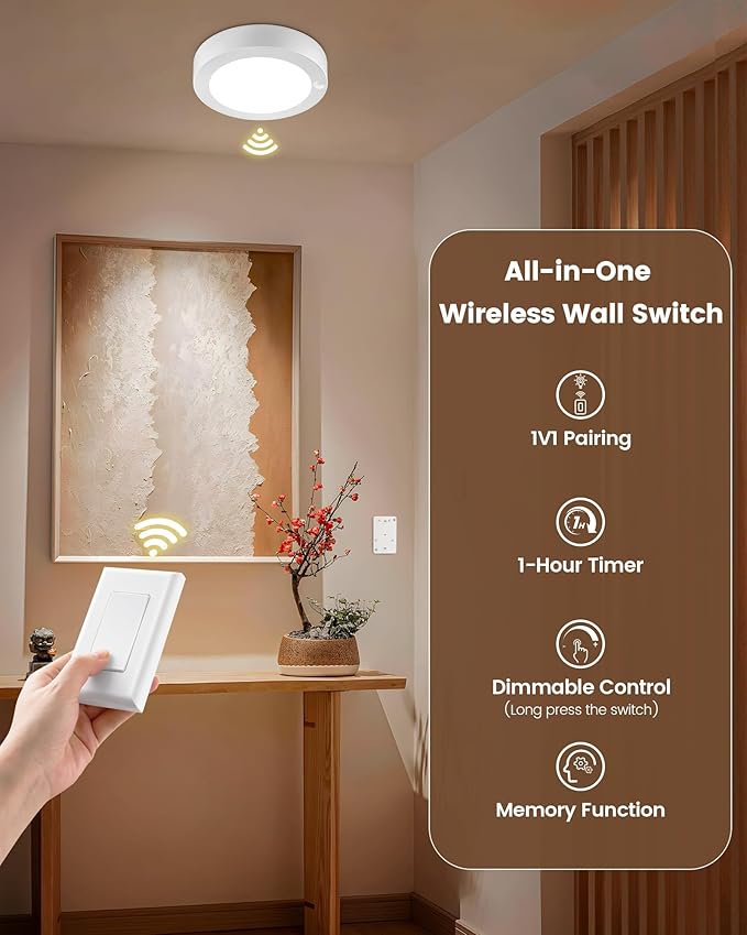 SURAIELEC Rechargeable Ceiling Light with Wall Switch, 8000mAh Battery Ceiling Light Indoor, Wall Switch Remote or Motion Sensor, 6500K 300LM, Battery Lights No Wiring for Shed, Pantry, Closet, 1-Pack