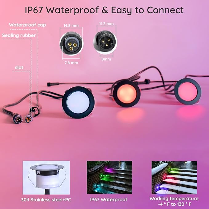 Sumaote LED Deck Lights Kit, 50 Pack 1.77" RGBW+IC Multicolor Dynamic Low Voltage Recessed Landscape Lights, IP67 Waterproof 12V Step Light Outdoor for Garden Yard Path Ground Stairs