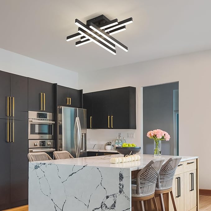 Modern LED Ceiling Light with Remote, Dimmable 21-inch Ceiling Lights for Bedroom Living Dining Room Kitchen, Black Flush Mount Ceiling Light Fixture LED Chandelier Ceiling Lamp (6-Light)
