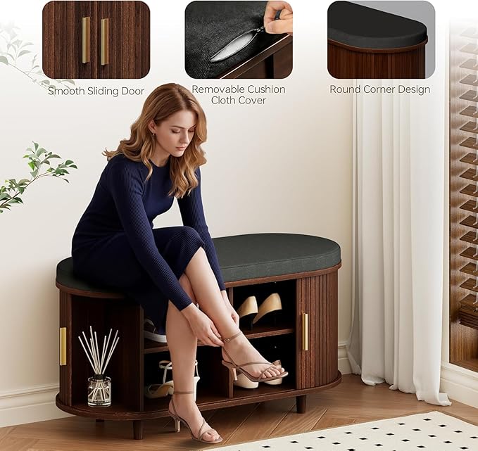Entryway Bench with Storage: 35.4" Wooden Bedroom Shoe Bench with Thickened Padded Seat Cushion, Mid Century Modern Fluted Sliding Door and Adjustable Shelf, for Entryway, Living Room