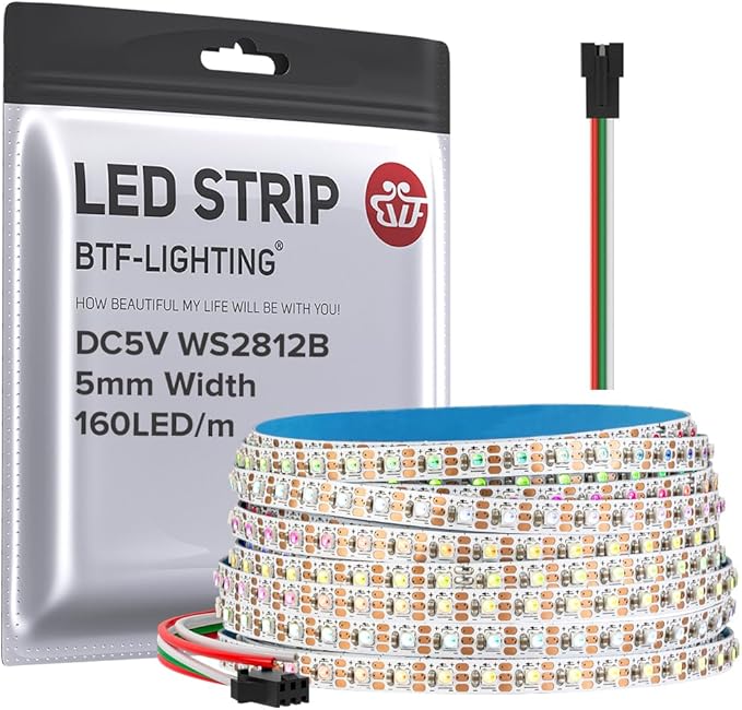 BTF-LIGHTING WS2812B IC RGB 5mm Ultra Narrow LED Strip 2020SMD DC5V Individually Addressable 16.4FT 160Pixels/m 800LED Dream Color Tape Light for Home DIY Decoration IP30 (No Adapter or Controller)