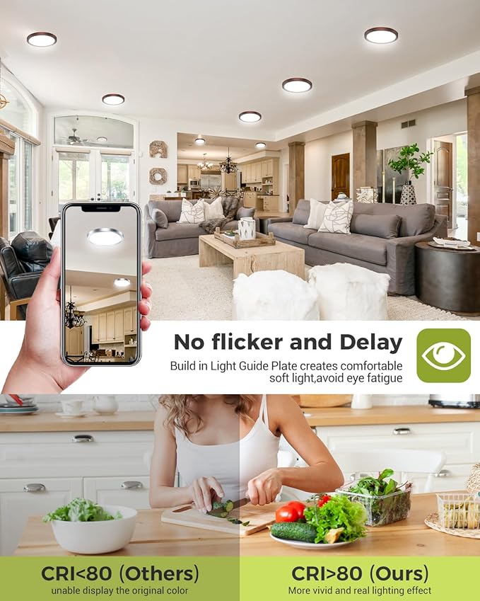 6PACK LED Flush Mount Ceiling Light, 3CCT Selectable 3000K-4000K-6500K & 100W Equivalent Modern Kitchen Recessed Ceiling Lamp 15W 1500Lm 7.5 Inch for Bathroom Closet Laundry Bedroom