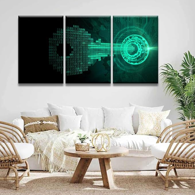 LSIUHWUWI Wall Art for Living Room 3 Panel Key Made from Binary Code Fits Iinto A Lock Pictures Print on Canvas for Home Office Decorations, Framed Ready to Hang, 48" Wx24