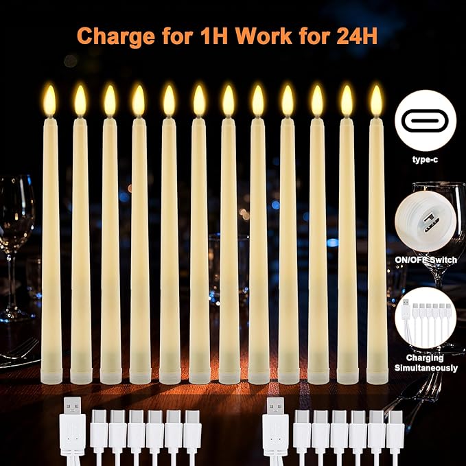 IMAGE Rechargeable Flameless Taper Candles with Remote, 12 Pcs LED Candlesticks 3D Wick Ivory Taper with Timer Flickering Function for Home, Wedding, Birthday Halloween Christmas Church, Warm White
