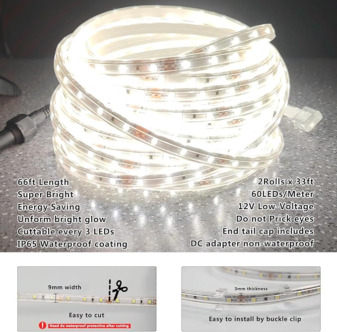 2-Pack 33ft Outdoor Rope Lights Waterproof, Flat & Flexible Led Outdoor Lights, Dimmable Rope Lighting, 12v Rope Light for Outside, Indoor Bedroom, Kitchen, Pool, Backyards