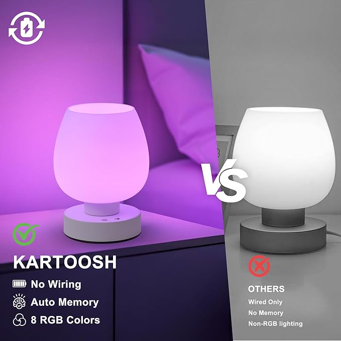 Cordless Touch Bedside Table Lamp Set of 2, Rechargeable Battery Operated Desk Lamps with 8 RGB Colors, Dimmable Small Glass Nightstand Light for Living Room Bedroom Kitchen Counter