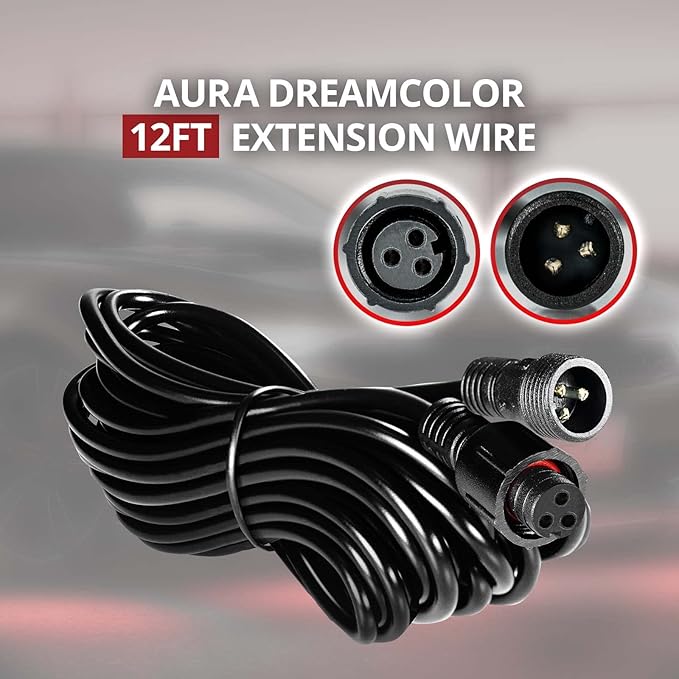 OPT7 1pc 12 ft Front Extension Wire, Compatible ONLY with Aura DreamColor RGB-IC LED Chasing Light Kits, 3-Pin Waterproof Connector, 22 AWG