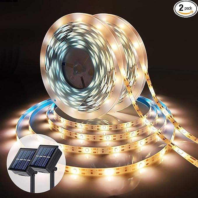 Solar Rope Lights Outdoor Waterproof 10FT Cuttable Solar Strip Light Dusk to Dawn with 8 Modes Tape Decorative Lighting for Outside,Sign, Stair, Step, Yard, 2 Pack