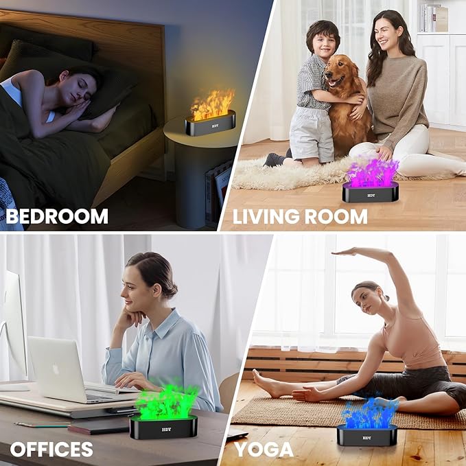 HDY 7 Color Flame Ultrasonic Humidifier - Color LED Essential Oil Diffuser, Silent Fireplace Design with Timer & Waterless Auto Shut-Off, 150ml Capacity for Home, Hotel & Office Use (Glossy Black)