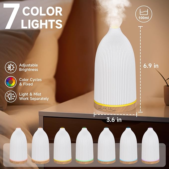 URPOWER 100ML Essential Oil Diffusers for Home, Ultrasonic Aromatherapy Diffuser with 7 Color Changing Lights, Timer & Auto Shut-Off, Scent Diffuser for Bedroom, Office, Yoga