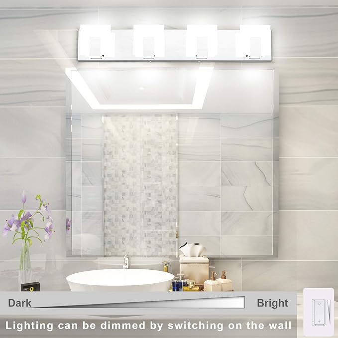 Aipsun 4 Lights Dimmable Modern LED Vanity Light for Bathroom Frosted White Acrylic Chrome Up and Down Bathroom Wall Light Fixtures Over Mirror(White Light 6000K)