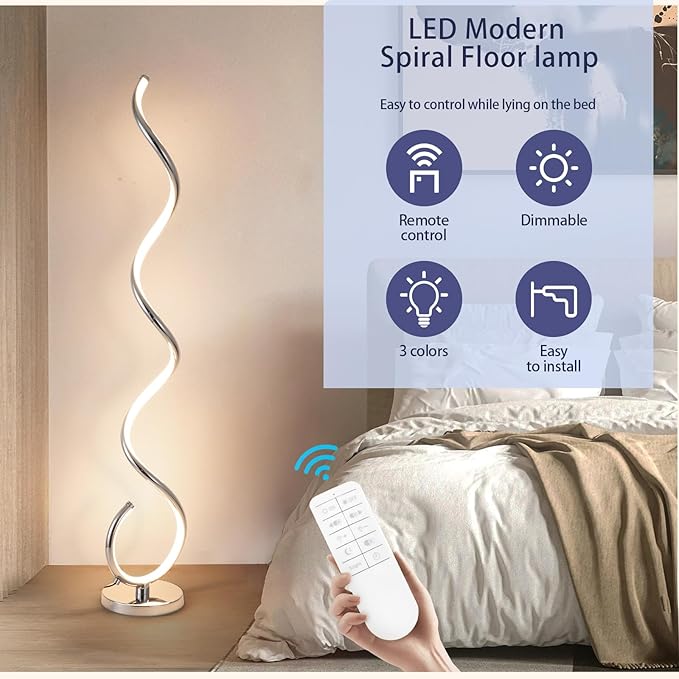 ADISUN LED Modern Floor Lamp for Living Room, Spiral Floor Lamp for Bedroom, 48W Dimmable Floor Lamps for Living Room Office Dining Room-Silver Remote Control