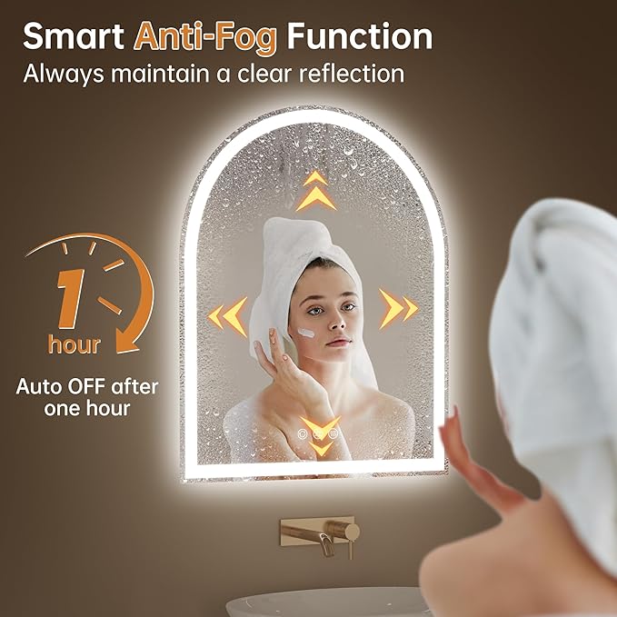 Arched LED Mirror for Bathroom 24"x30"- Frameless Lighted Bathroom Mirror with Lights, Fogless, Dimmable, 3 Color Changing, Shatterproof, Touch Sensor