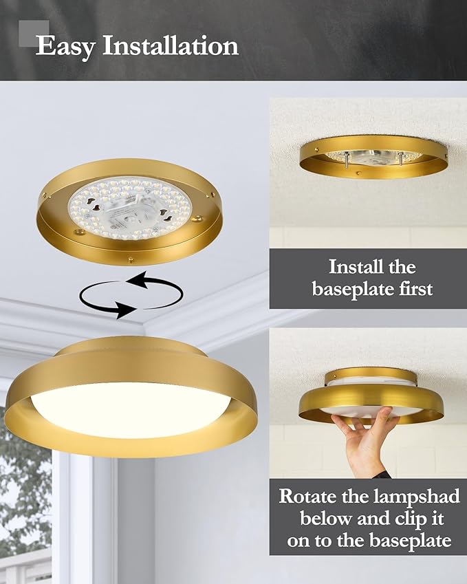 Ken & Ricky Flush Mount Ceiling Light Fixture, Led Dimmable 24w for Bedroom Kitchen Bathroom Laundry Hallway Entryway,Remote Control (Brushed Gold,12Inch,2PK)