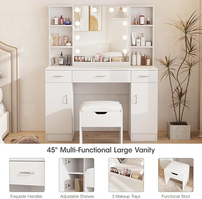 Makeup Vanity Desk with Lighted Mirror, White Vanity Set Makeup Table with 3 Drawers, 2 Cabinets and Storage Stool, Large Vanity 45inch, White