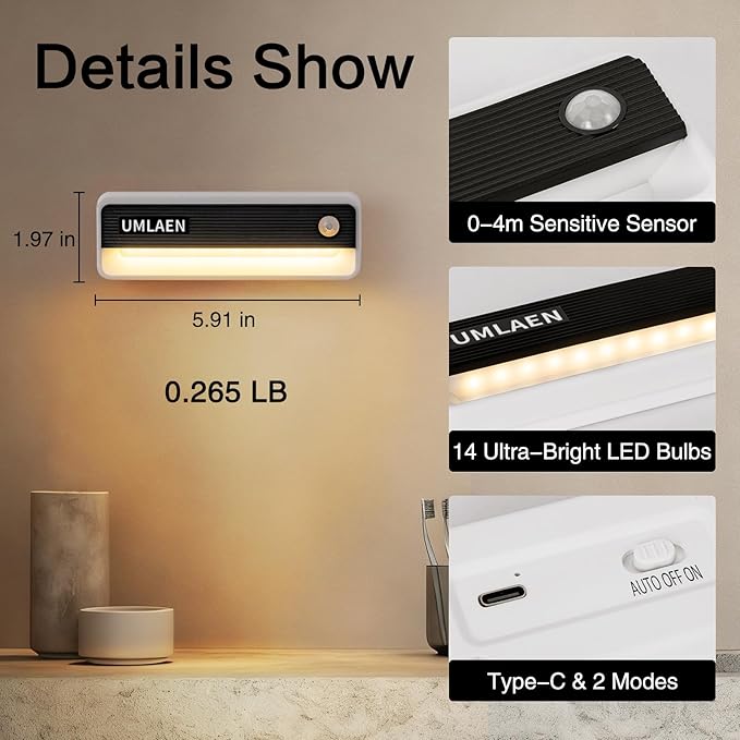 2 Pack Motion Sensor Lights Indoor, 1800mAh Rechargeable Motion Activated Night Light, 3 Colors | 2 Modes Stick On Lights for Stairway, Stair, Bedroom, Hallway, Kitchen, Cabinet, Closet