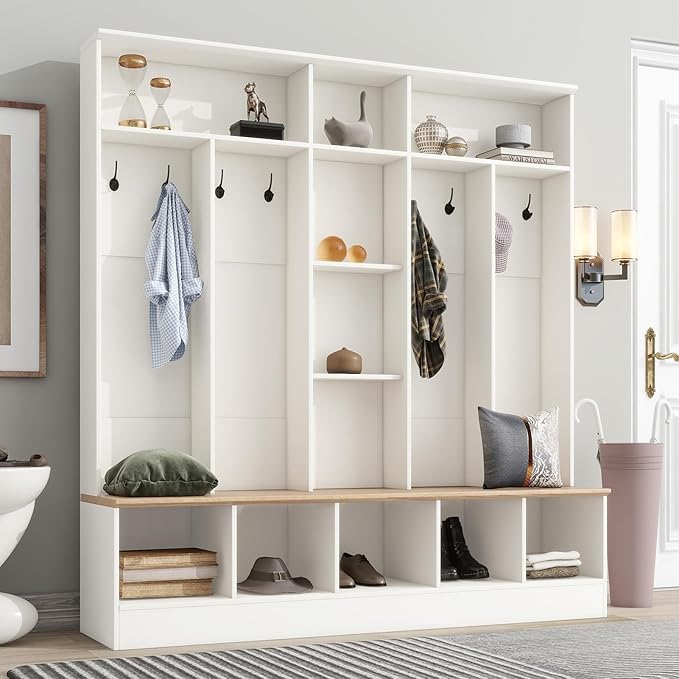 Modern Hall Tree with Coat Rack and Storage Bench, 4-in-1 Minimalist Hallway Coat Hanger Shoe Cabinet with Cube Storage & Shelves Multifunctional Entryway Bench with 8 Hooks for Mudroom, White