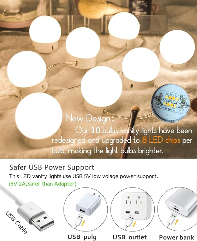 Led Vanity Mirror Lights,Vanity Lights for Makeup Dressing Mirror Lighting,10 Dimmable Bulbs,Adjustable Light Color & Brightness,USB Cable,Mirror not Included