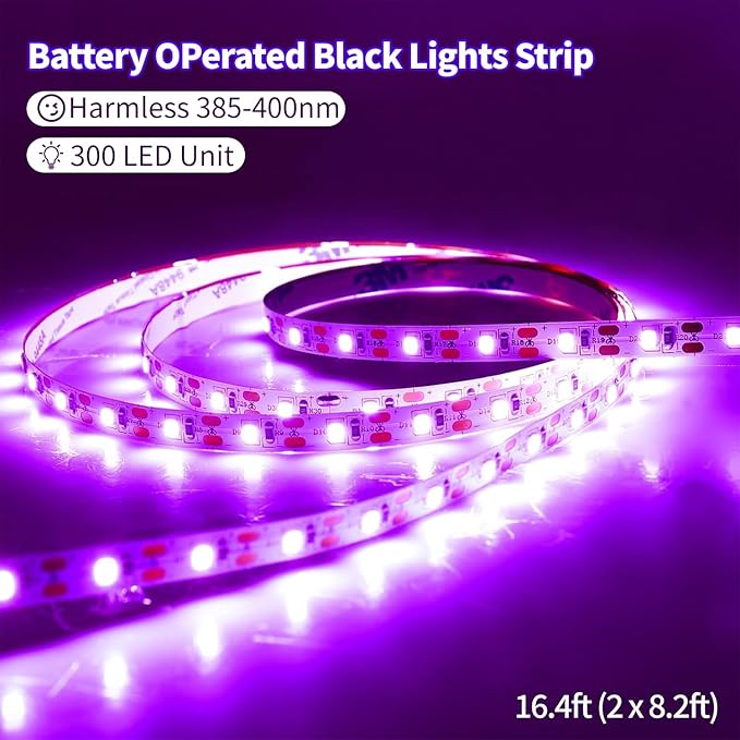 16.4ft Black Lights Strip Battery Operated, USB Blacklight Strip for Glow Party, 385-400nm Black Lights for Bedroom Indoor Halloween Birthday Decor Uranium Glass Tapestry Poster