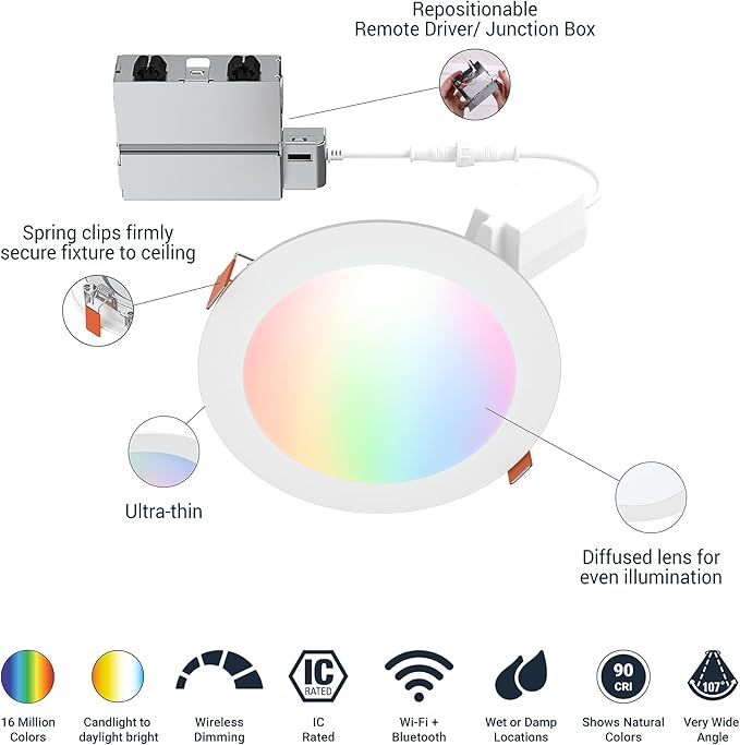 HALO 6” Smart Wi-Fi Slim Canless LED Downlight Powered by WiZ Pro, Dimmable Full Color with Smart Home Integration : HLB6099WZRGBWMWR