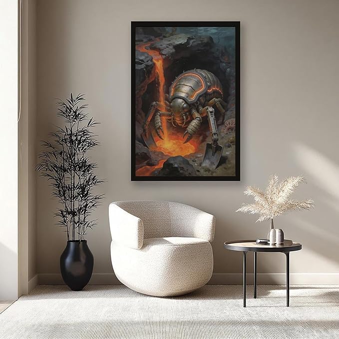 Framed Steampunk Mechanical Trilobite Wall Art - Volcanic Underwater Retro Poster for Garage Apartment Decor 08x12in