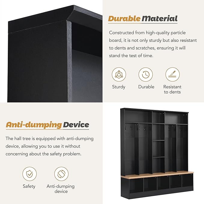 Modern Hall Tree with Storage Bench, Minimalist Shoe Cabinet with Cube Storage & Shelves, Multifunctional Coat Rack with 8 Hooks for Entryways Mudroom Hallway (Black + Particle Board-Q13)